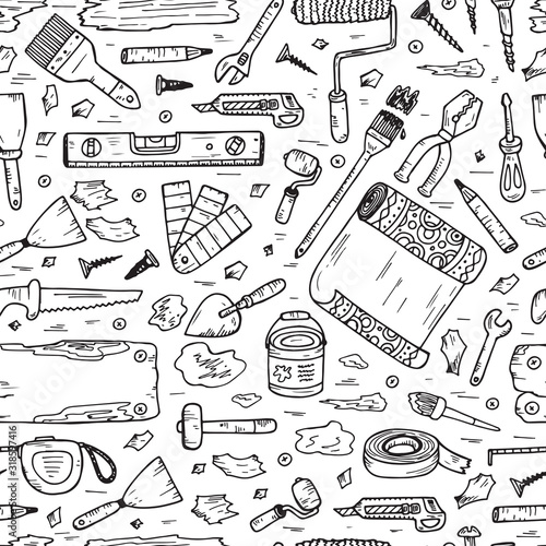 House repair tools vector Seamless pattern. Home improvement icons. Hand Drawn Doodle Tools. Housework