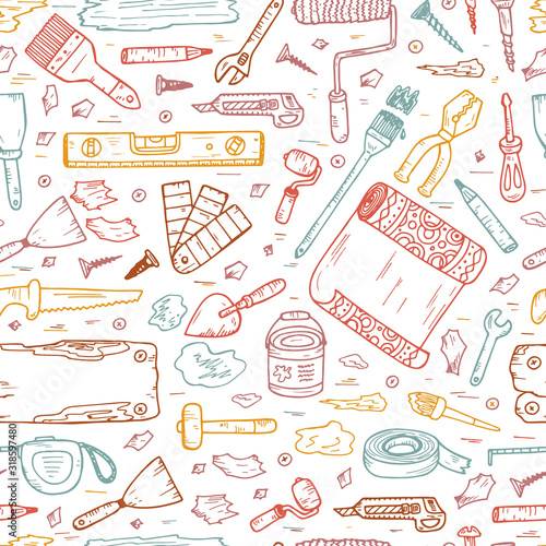 House repair tools vector Seamless pattern. Home improvement icons. Hand Drawn Doodle Tools. Housework.