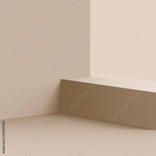 3d brown creamy stage podium scene minimal studio background. Abstract 3d geometric shape object illustration render. Display for cosmetic fashion product. Natural color tones.