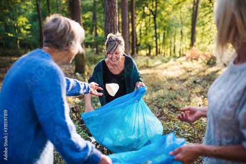 Senior women friends picking up litter outdoors in forest, a plogging concept.