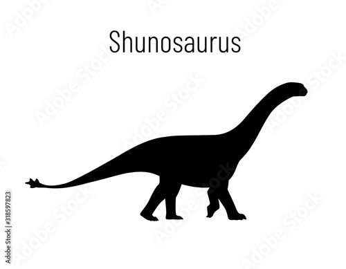 Shunosaurus. Sauropodomorpha dinosaur. Monochrome vector illustration of silhouette of prehistoric creature shunosaurus isolated on white background. Stencil. Huge fossil dinosaur.