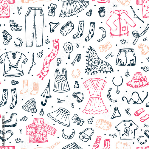 Spring and summer fashion clothes seamless pattern. Hand drawn doodle women clothing Vector background