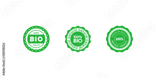 Set of bio 100 percent natural emblem. Design element for packaging design and promotional material. Vector illustration.