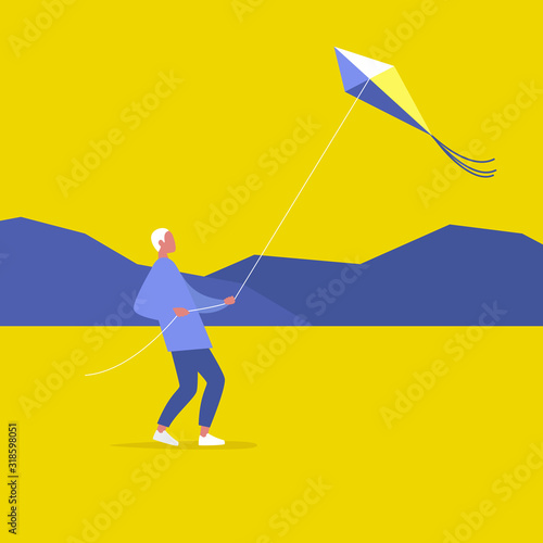 Young male character flying a kite outdoor, leisure pursuit