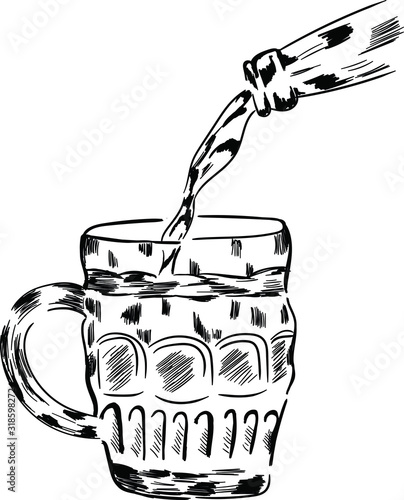 Bear pouring in glass . Vector isolated on white background. Concept for print, logo, menu 
