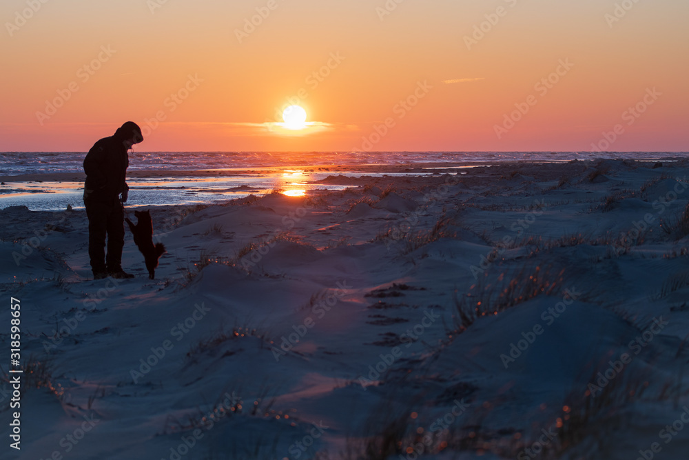 silhouette of man and dog on beach at sunset