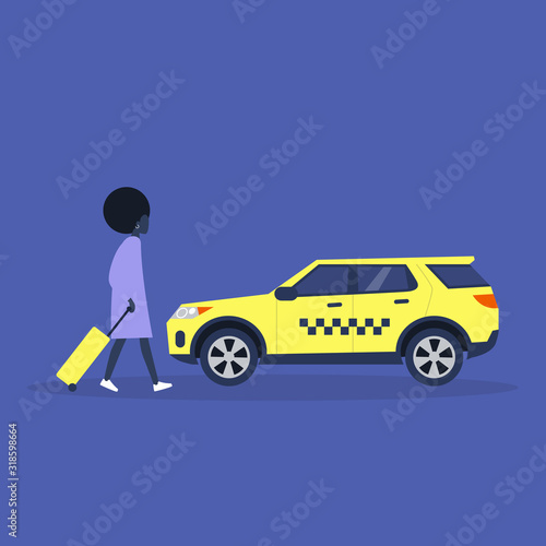 Young black female tourist with a suitcase getting in a taxi, airport transfer,  millennial lifestyle