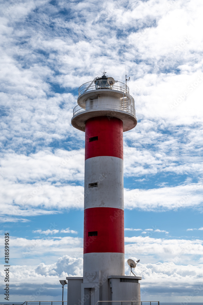 Faro de Fuelcaliente, red-white lighthouse tower on south of La Palma siland, Canary, Spain Faro de Fuelcaliente, red-white lighthouse tower on south of La Palma siland, Canary, Spain