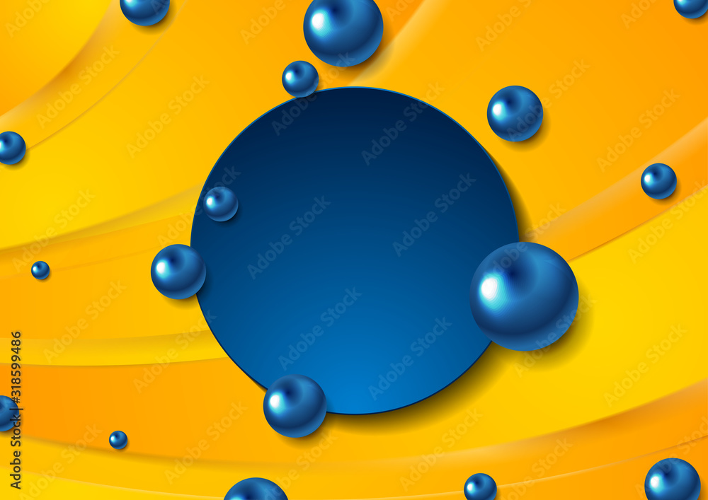 Bright blue orange abstract tech wavy graphic design with 3d glossy circles. Geometric futuristic corporate background. Vector illustration Bright blue orange abstract tech wavy graphic design with 3d glossy circles. Geometric futuristic corporate background. Vector illustration