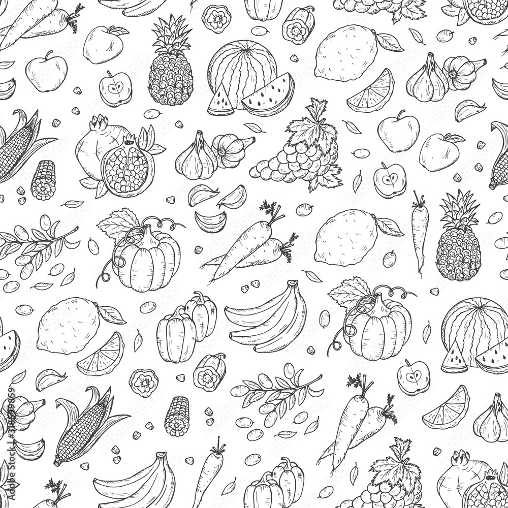 Fototapeta Vegetables and fruits seamless pattern. Hand drawn doodle Fresh Fruit and Vegetable. Black and white background