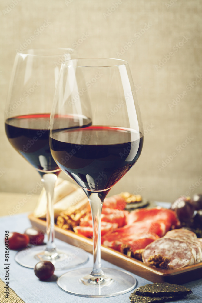 Red wine and charcuterie assortment Red wine and charcuterie assortment