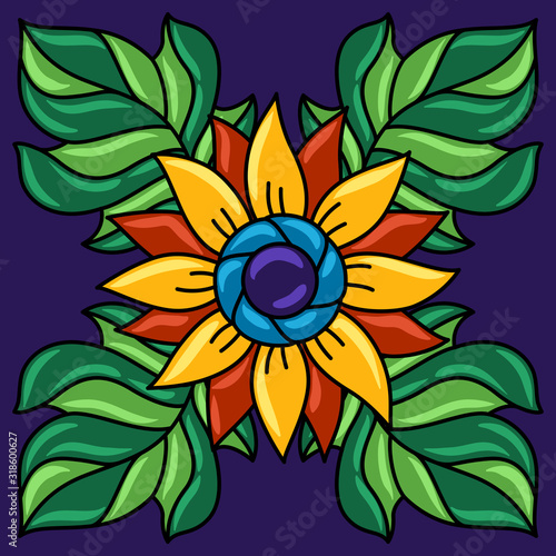 Mexican talavera ceramic tile pattern. Decoration with ornamental flowers.