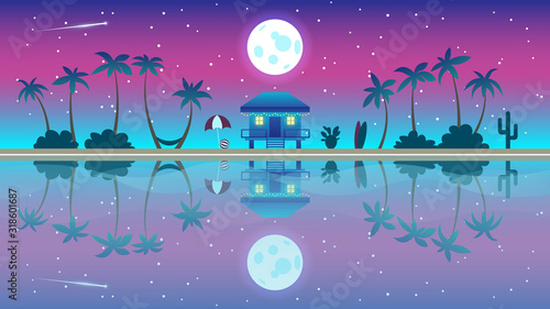 Paradise island with bungalows and palm trees, sandy beaches. Night on the ocean or sea. Vector banner with summer resort. Background illustration.