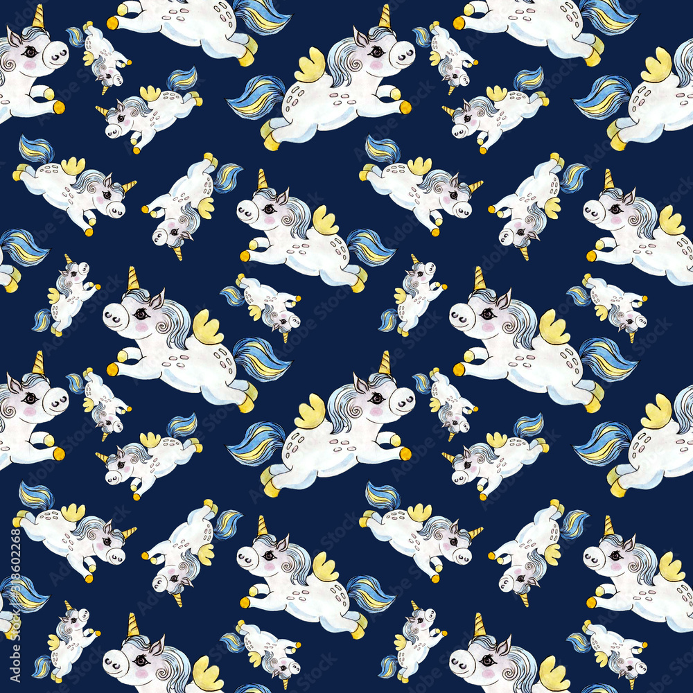 Pattern seamless print textile drawing unicorns cartoon children's story watercolor hand-drawn on a dark blue background Pattern seamless print textile drawing unicorns cartoon children's story watercolor hand-drawn on a dark blue background