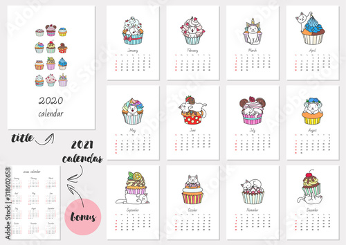 Calendar 2020. Monthly calendar 2020 template with cute white cats playing with cupcakes. Bonus - 2021 calendar. Vector illustration 8 EPS.