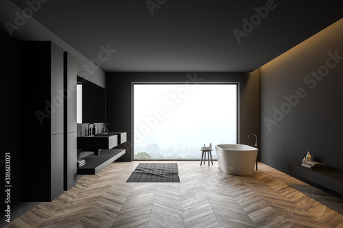 Panoramic gray bathroom interior with cabinets