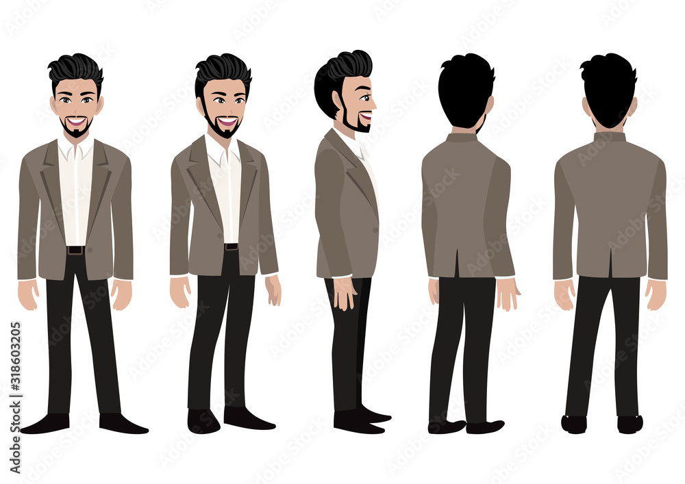 Cartoon character with business man in a smart suit for animation. Front, side, back, 3-4 view animated character. Flat vector illustration. Cartoon character with business man in a smart suit for animation. Front, side, back, 3-4 view animated character. Flat vector illustration.