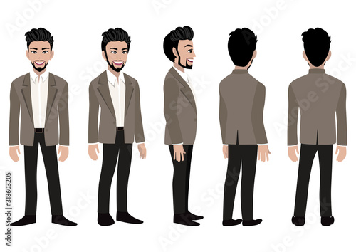 Cartoon character with business man in a smart suit for animation. Front, side, back, 3-4 view animated character. Flat vector illustration.