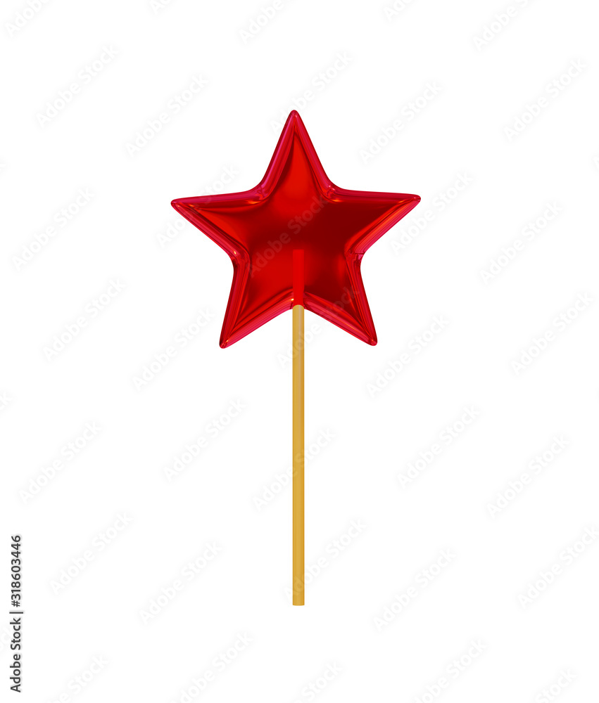 Caramel candy in the form of a five-pointed star of a candy on a wooden stick, red. Realistic 3D render, isolate on a white background, blank for festive design. Caramel candy in the form of a five-pointed star of a candy on a wooden stick, red. Realistic 3D render, isolate on a white background, blank for festive design.