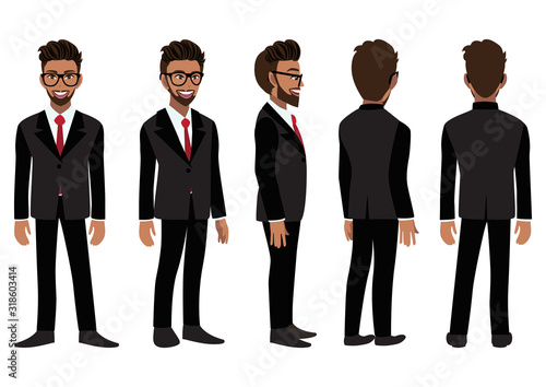 Cartoon character with American African business man in a black suit for animation. Front, side, back, 3-4 view animated character. Flat vector illustration.