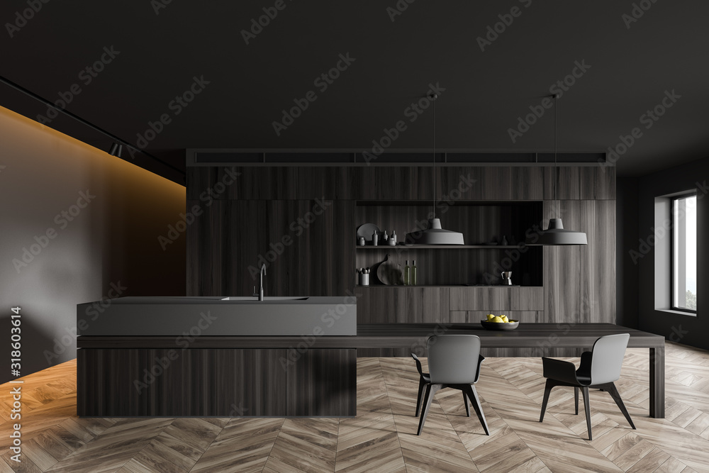 Dark wooden kitchen with island and chairs Dark wooden kitchen with island and chairs