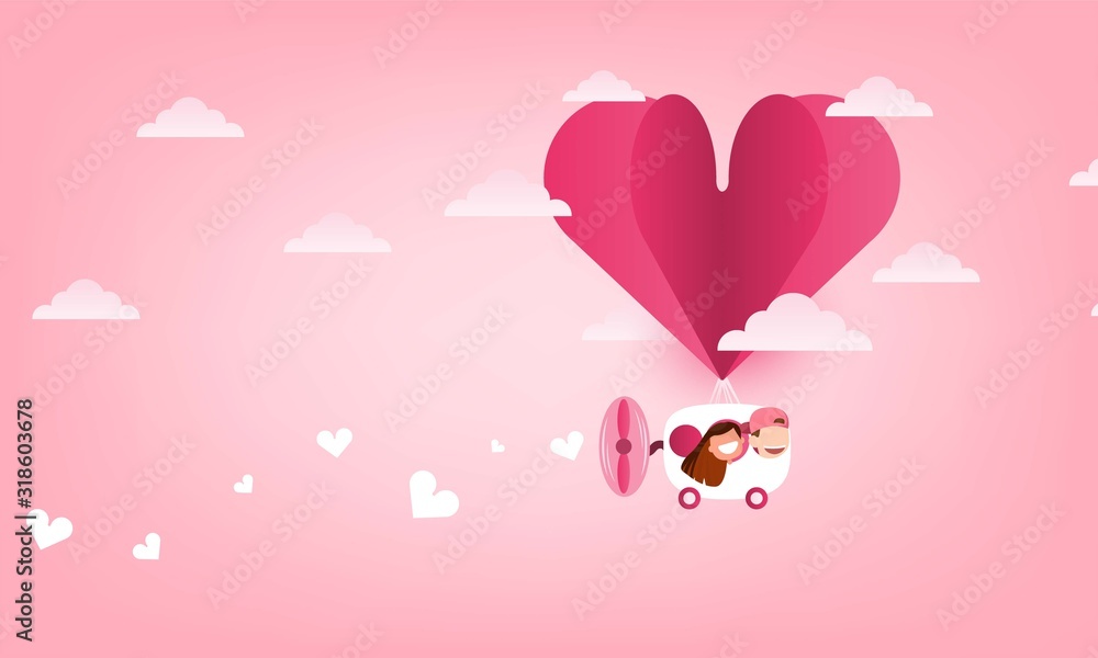 Cute cartoon Wedding couple men and women card drives Balloon heart  launch and heart cloud. Startup - flat design., cute Valentine's Day card