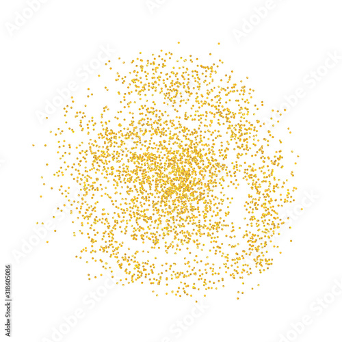 Circle backdrop Golden texture crumbs. Gold dust scattering on a white background. Particles grain or sand assembled. Vector shards, pieces abstraction. Illustration grunge textures for design