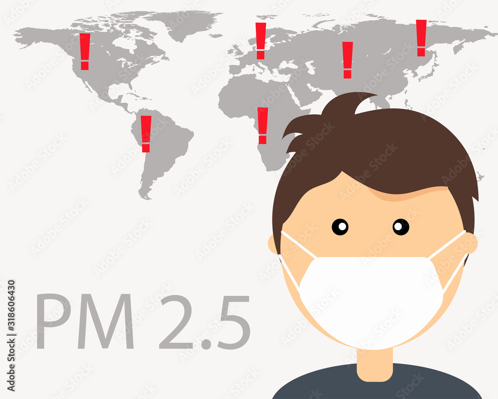 N95 Pollution Masks. Man wears mask for protect dust in air and world map background for warning about PM 2.5 .That 95% of fine particles are blocked by this mask. N95 Pollution Masks. Man wears mask for protect dust in air and world map background for warning about PM 2.5 .That 95% of fine particles are blocked by this mask.