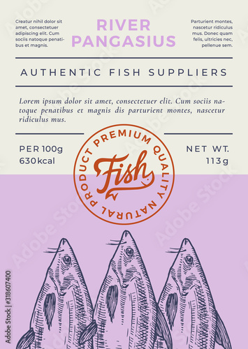 River Fish Abstract Vector Packaging Design or Label. Modern Typography Banner, Hand Drawn Pangasius or Basa Silhouette with Lettering Logo Stamp. Color Paper Background Layout.