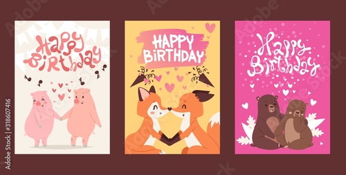 Happy birthday greeting card template, vector illustration. Cute animals romantic couple on valentine day. Happy pigs, foxes in love, adorable bears together. Birthday present, lovely valentine card
