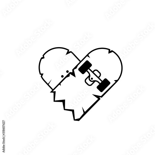 Broken skateboard heart outline icon. Clipart image isolated on white background