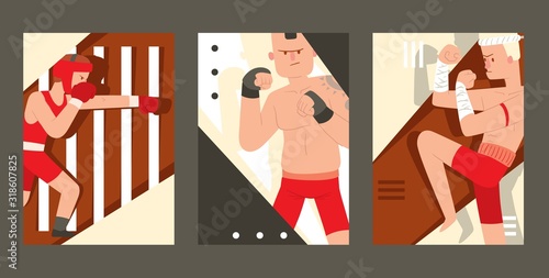 Boxing and fighting sport club banner, vector illustration. Martial art school invitation, sport event announcement. Fighters cartoon characters, professional combat, kickboxing training gym class