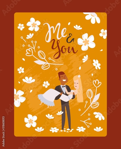 Wedding greeting card, vector illustration. Romantic newlywed couple, bride and groom cartoon characters. Happy interracial marriage, wedding invitation, romantic typographic poster with flowers