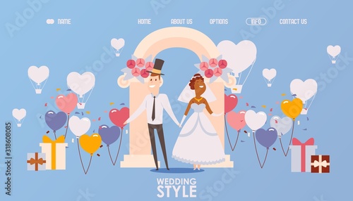 Wedding ceremony organization website, vector illustration. Landing page template, bride and groom smiling cartoon characters. Happy interracial marriage, wedding decorations, romantic newlywed couple