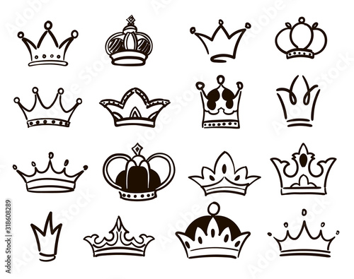 Hand drawn crown logo collection Sketch queen or king crowns coronation symbols vector set