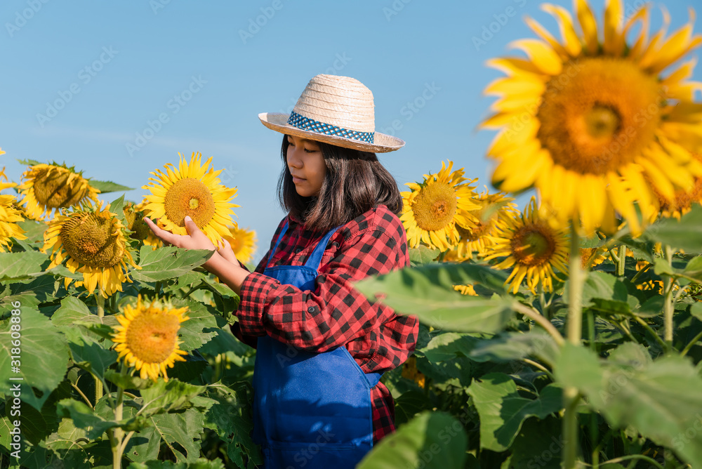 Portrait of female farmer in sunflower field
