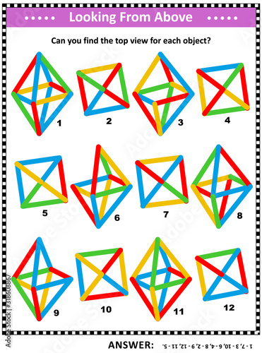 IQ and spatial skills training educational math puzzle: Find the top view for every object. Answer included.