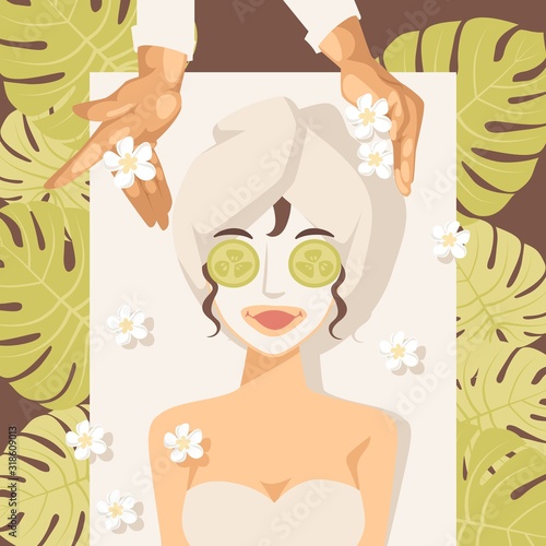 Beauty procedure in spa salon, vector illustration. Luxury skincare treatment in relaxing atmosphere, facial mask from natural ingredients. Woman cartoon character enjoying spa beauty skin treatment