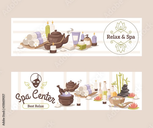 Spa center advertisement banner, vector illustration. Beauty salon invitation, brochure cover, booklet template. Relaxing spa procedure, skincare treatment. Wellness center accessories, icons, emblems
