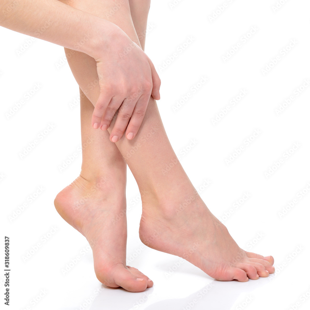 beautiful graceful female legs of young woman over white background beautiful graceful female legs of young woman over white background