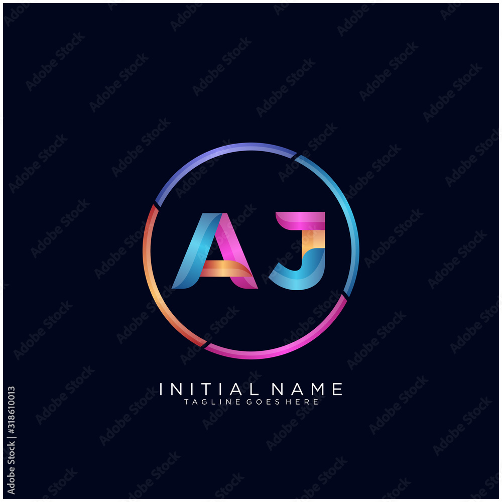 Initial letter AJ curve rounded logo, gradient vibrant colorful glossy colors on black background Initial letter AJ curve rounded logo, gradient vibrant colorful glossy colors on black background