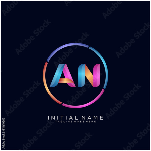 Initial letter AN curve rounded logo, gradient vibrant colorful glossy colors on black background