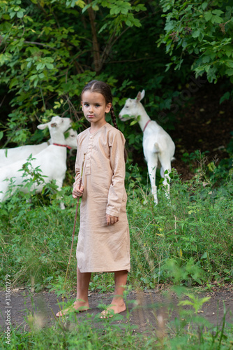 Fotografie, Tablou Little girl goatherd in forest