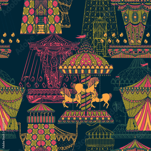 Seamless pattern with carousel and tent. Funfair theme. Vintage hand drawn vector illustration