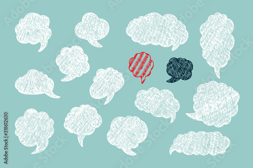 Hand Drawn doodle Speech and thought Bubbles. Pencil hatching. Vector illustration