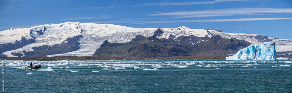 Panorama d'un glacier avec iceberg et bateau