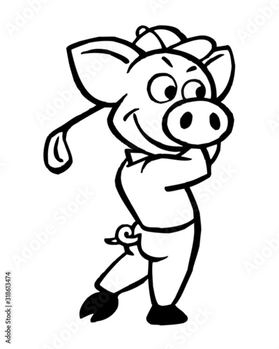 Piggy mascot playing golf with baseball cap, shirt and trousers, black and white clipart