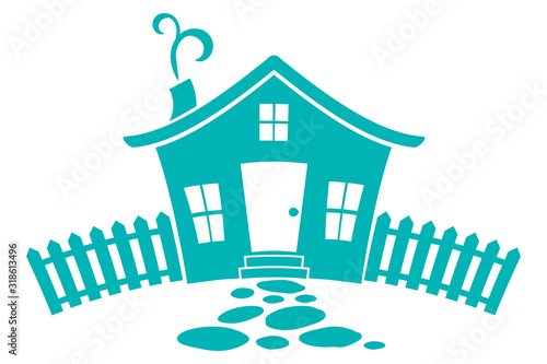 Cute tiny country style house with picket fence and stone walkway. House icon. Tiny house living. Home swet home