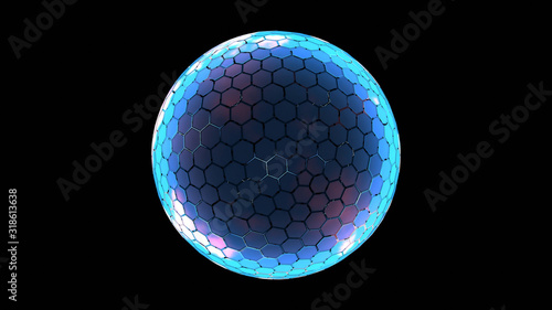 Leinwand Poster 3D Rendering of hexagon grid sphere nano shield with glowing edge color and dim at center for your text, logo, product