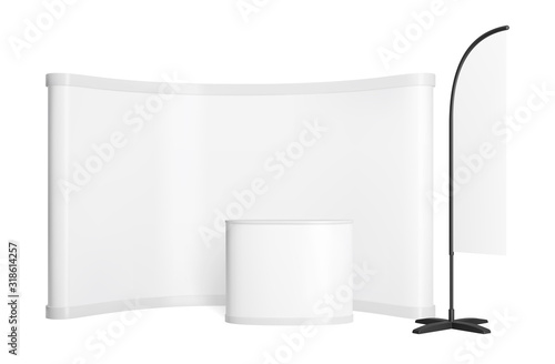 Promotion counter mockup. Realistic vector pop up stand. Trade exhibition point of sale with wall, table and flag.